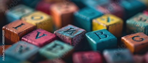 Close-up of colorful wooden blocks spelling out letters, perfect for education and learning concepts.