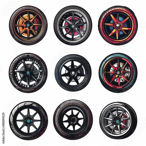 Car wheels icon, tire silhouettes, rim symbol, doodle sketched auto wheels sign, car tyre pictograms