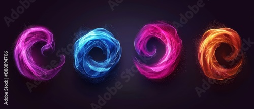  A set of three differently colored swirls against a black background