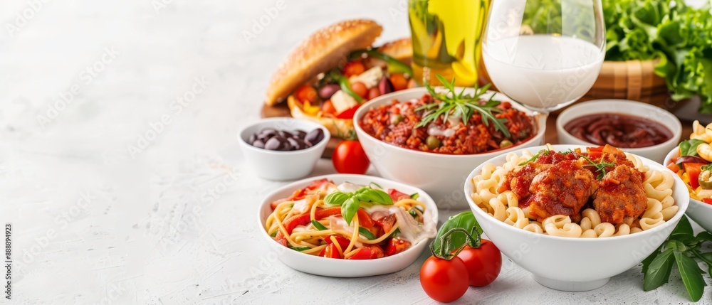 A table laden with bowls of pasta and vegetables, beside a woven basket filled with bread, and a nearby glass of wine A table laden with bowls of pasta and vegetables, beside a woven basket filled with bread, and a nearby glass of wine