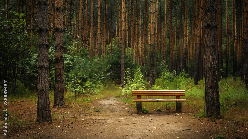 A tranquil clearing in a pine forest, with a wooden bench for relaxation