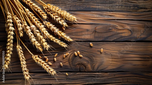 Wheat sheaves arranged decoratively on a dark wooden surface, blank background for agriculturalthemed events