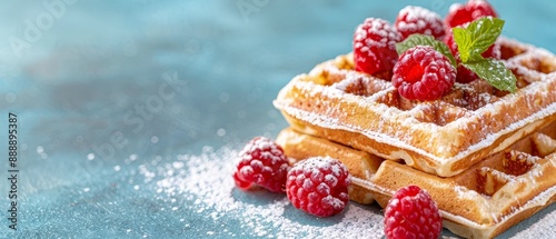  A blue surface holds a stack of waffs topped with raspberries and dusted with powdered sugar, accompanied by a solitary green leaf photo