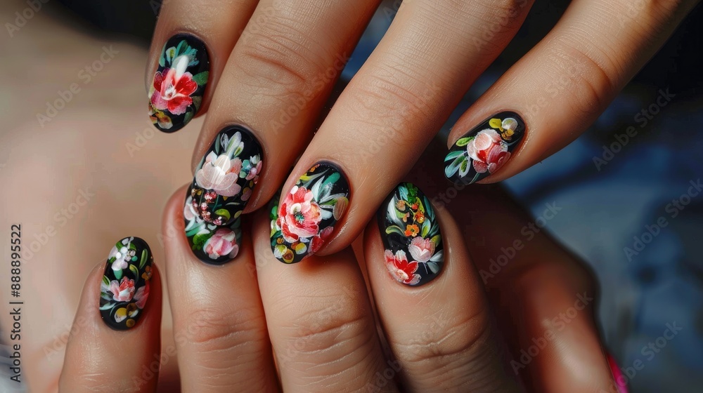 Beautiful nail art manicure featuring floral nail design on female hands Beautiful nail art manicure featuring floral nail design on female hands