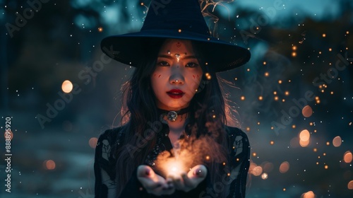 Young witch conjures spell under starry night sky