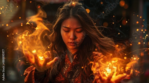 Young woman with fiery magic in hands in mystical dark setting photo