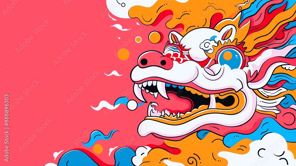 Vibrant mythical dragon head illustration, bright colors, flowing lines, orange-red background, cartoonish design, dynamic energy.