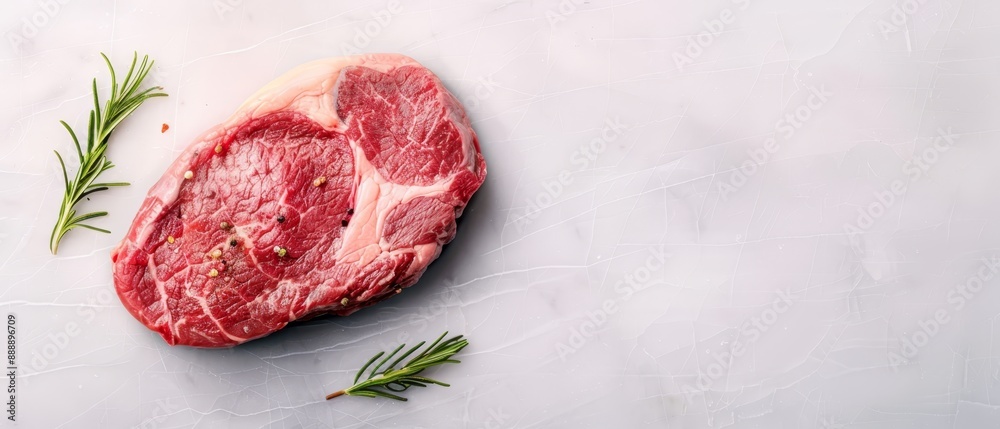 A raw meat piece topped with a rosemary sprig on a pristine white marble surface A raw meat piece topped with a rosemary sprig on a pristine white marble surface