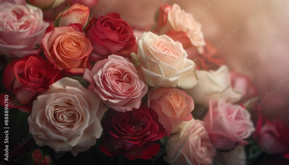 Fototapeta premium Detailed view of a bouquet of roses in various colors, the petals blending beautifully from one hue to another, capturing the intricate beauty and diversity of the blooms