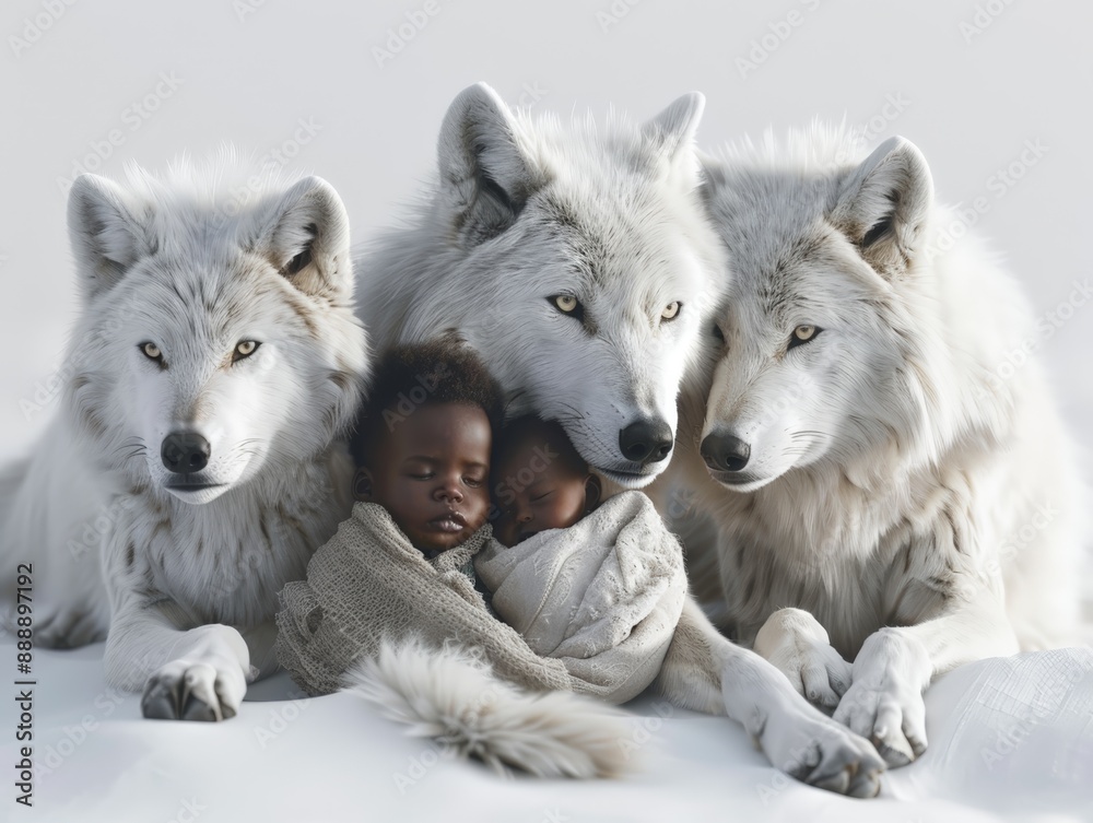 Obraz premium A man is kneeling down in the snow next to three wolves