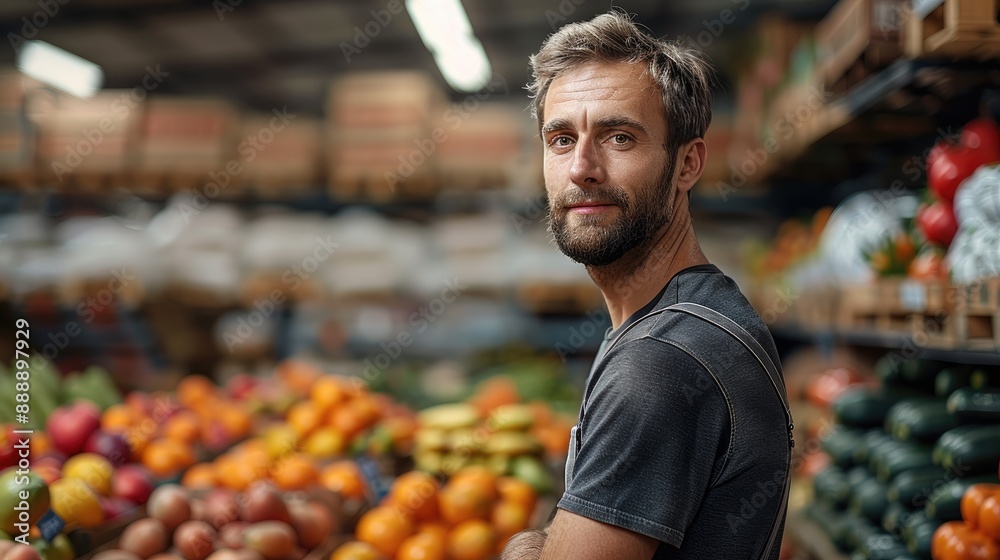 A handsome man managing fruit and vegetable logistics warehouse, coordinating loading and unloading of fruit and vegetable goods, blurred background of fruit and vegetable warehouse. Generative AI. A handsome man managing fruit and vegetable logistics warehouse, coordinating loading and unloading of fruit and vegetable goods, blurred background of fruit and vegetable warehouse. Generative AI.