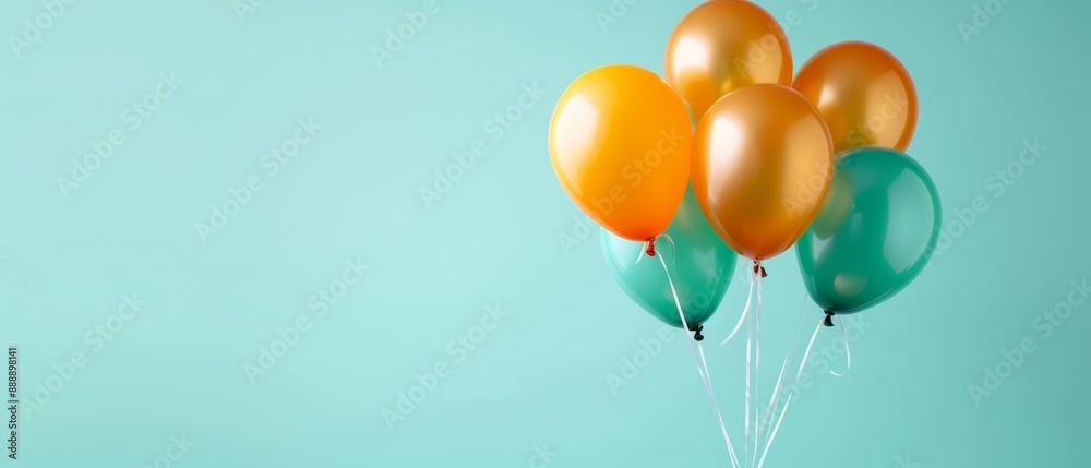 A collection of orange and green balloons hover above a teal-blue backdrop, tethered by strings at their bottoms A collection of orange and green balloons hover above a teal-blue backdrop, tethered by strings at their bottoms