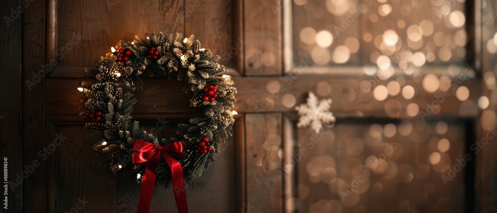 Christmas wreath with red ribbon hanging on a wooden door with bokeh lights in the background. Christmas wreath with red ribbon hanging on a wooden door with bokeh lights in the background.