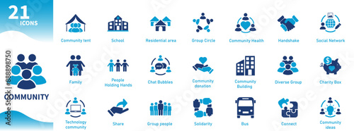 Community icon. Set of icons of people, groups, solidarity, connection, family, donation. Solid vector icon