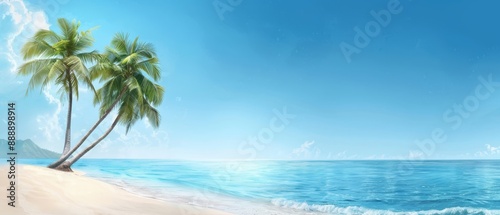  A beach scene featuring two palm trees in the foreground and a blue sky with clouds in the background