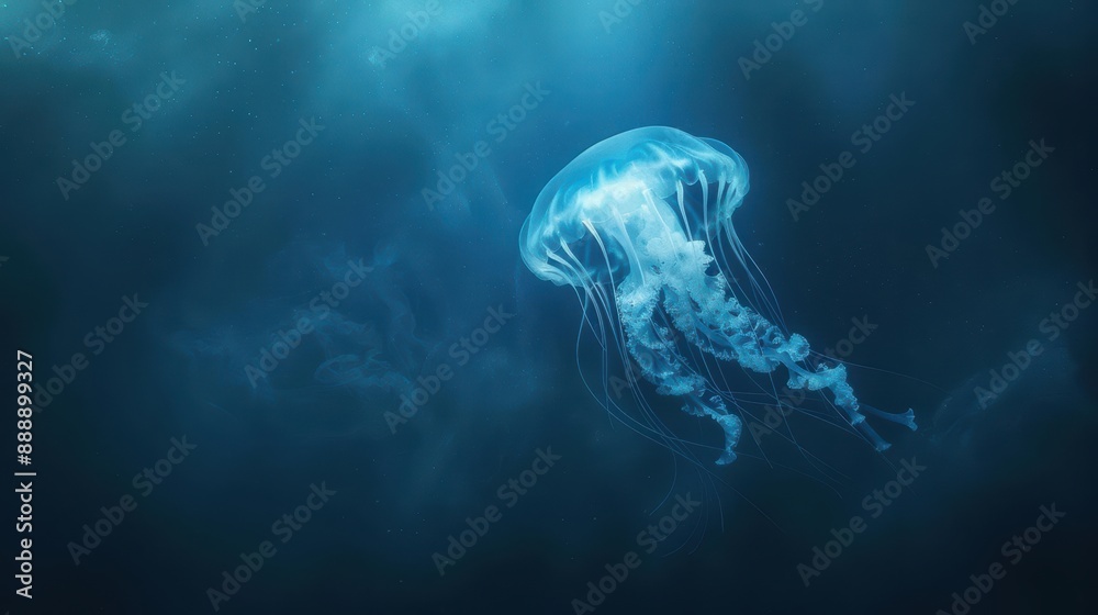 A solitary jellyfish floats gracefully in the deep blue ocean. A solitary jellyfish floats gracefully in the deep blue ocean.
