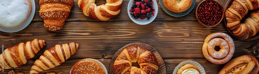 Delicious Assorted Bakery Items Flat Lay on Wooden Table Delicious Assorted Bakery Items Flat Lay on Wooden Table