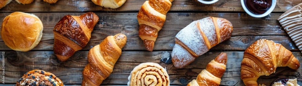 Delicious Assorted Bakery Items Flat Lay on Wooden Table Delicious Assorted Bakery Items Flat Lay on Wooden Table