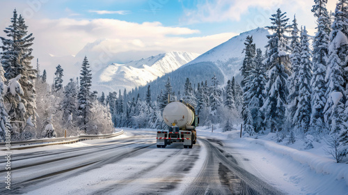 An oil tanker truck driving on a snowy road, with snow-capped trees on either side photo