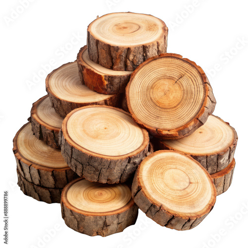 Pile of round wooden tree slice trunk stump isolated on transparent background