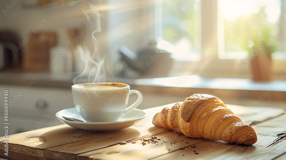 A cup of steaming coffee and a croissant on a wooden table in a sunlit kitchen, evoking a warm and cozy morning atmosphere. A cup of steaming coffee and a croissant on a wooden table in a sunlit kitchen, evoking a warm and cozy morning atmosphere.
