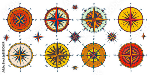 Vintage marine wind rose, nautical chart. Colorful navigational compass with cardinal directions of North, East, South, West. Geographical position, cartography and navigation. Vector illustration