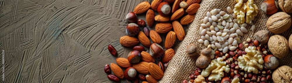 Nutritious Assortment of Nuts and Seeds on Burlap Cloth Flat Lay Nutritious Assortment of Nuts and Seeds on Burlap Cloth Flat Lay