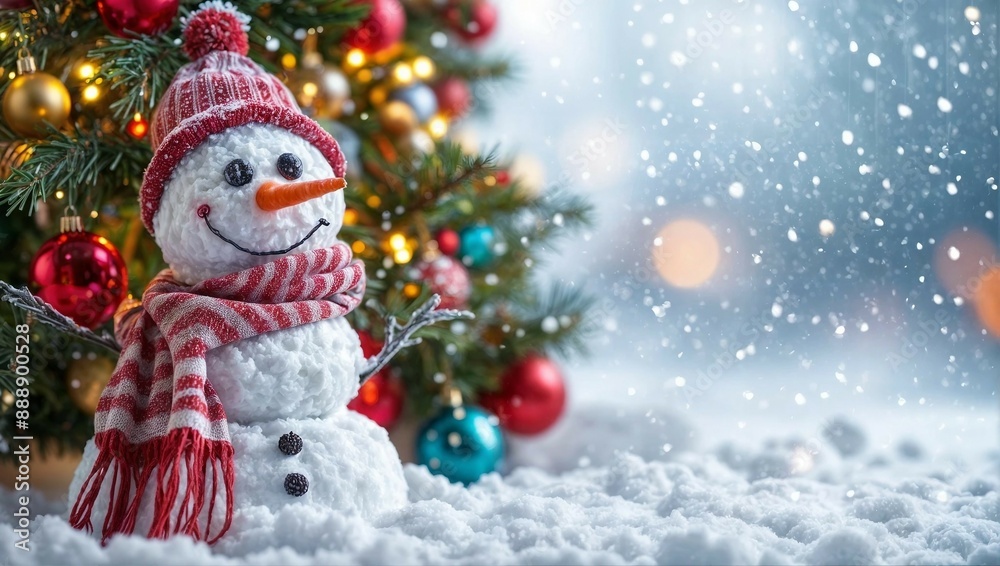 Cheerful Snowman with Christmas Tree in Snowy Scene Cheerful Snowman with Christmas Tree in Snowy Scene