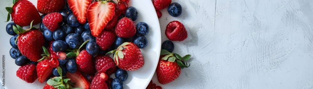 Vibrant Mixed Berries Flat Lay on White Plate - Health and Nutrition Concept Vibrant Mixed Berries Flat Lay on White Plate - Health and Nutrition Concept