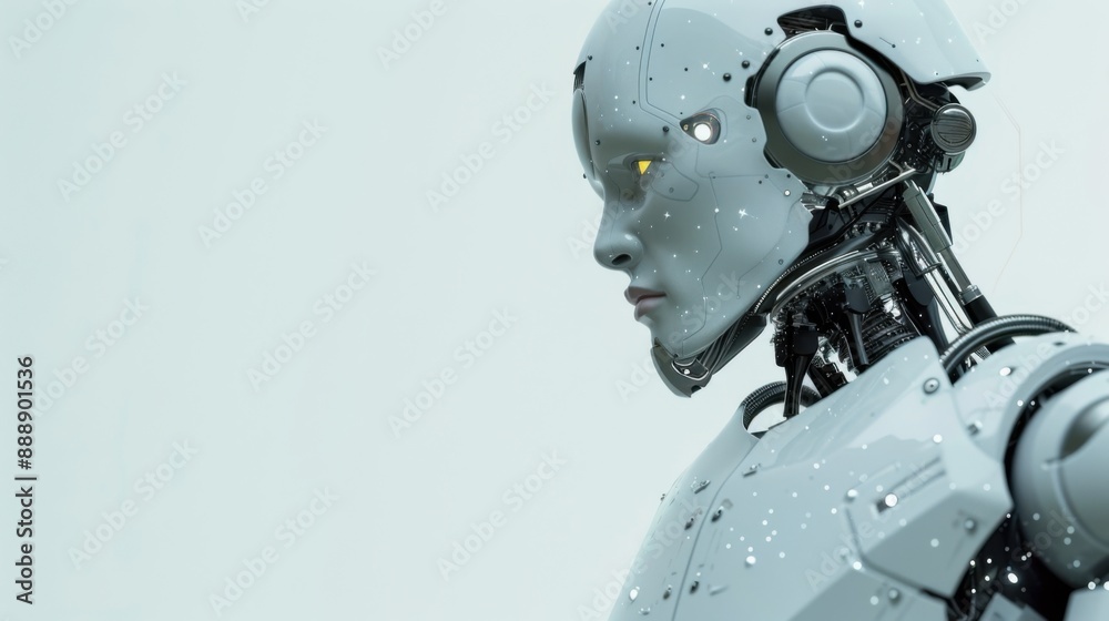 AI, Artificial Intelligence. Robot Head with digital graphic on white background. Future technology. Horizontal banner, free space for text. Digital technology, AI brain and information concept AI, Artificial Intelligence. Robot Head with digital graphic on white background. Future technology. Horizontal banner, free space for text. Digital technology, AI brain and information concept