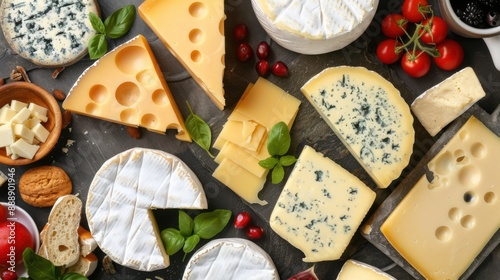 Cheese Lover's Dream - Assortment of Brie, Cheddar, and Gouda Cheeses on Stone Slab Flat Lay