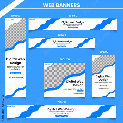 Corporate web banners of standard size with a place for photos. Vertical, horizontal and square template