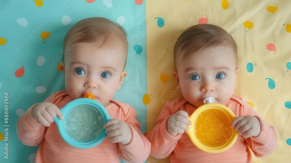 Infant care education flat design top view baby feeding water color Split-complementary color scheme Infant care education flat design top view baby feeding water color Split-complementary color scheme