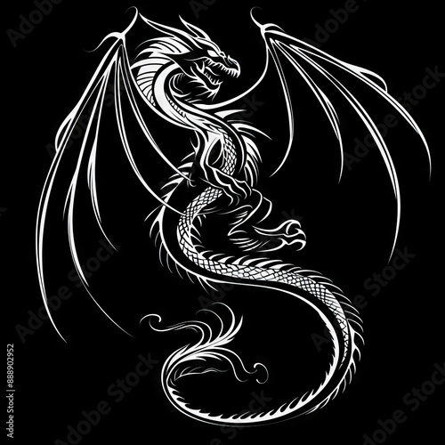 Dragon Tattoo Isolated, tribal wyvern silhouette, Black White Dragon, Abstract Generative AI Illustration photo