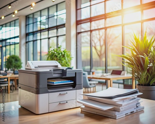 Modern multifunction laser printer sits on a table amidst office supplies, papers, and files in a busy business office with a blurred background atmosphere. photo