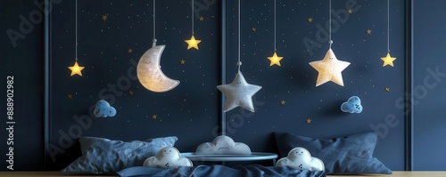 Infant soothing mobile flat design front view starry night theme 3D render Triadic Color Scheme