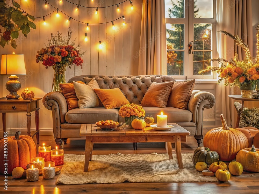 Cozy classic living room setting featuring a plush sofa, rustic wooden table, and autumnal decorations including pumpkins, flowers, and warm golden lighting for Thanksgiving. Cozy classic living room setting featuring a plush sofa, rustic wooden table, and autumnal decorations including pumpkins, flowers, and warm golden lighting for Thanksgiving.