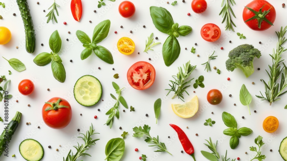 Vibrant Fresh Vegetables and Herbs Flat Lay Arrangement on White Background Vibrant Fresh Vegetables and Herbs Flat Lay Arrangement on White Background