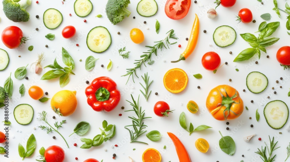 Vibrant Array of Fresh Vegetables and Herbs in Colorful Pattern on White Background Vibrant Array of Fresh Vegetables and Herbs in Colorful Pattern on White Background