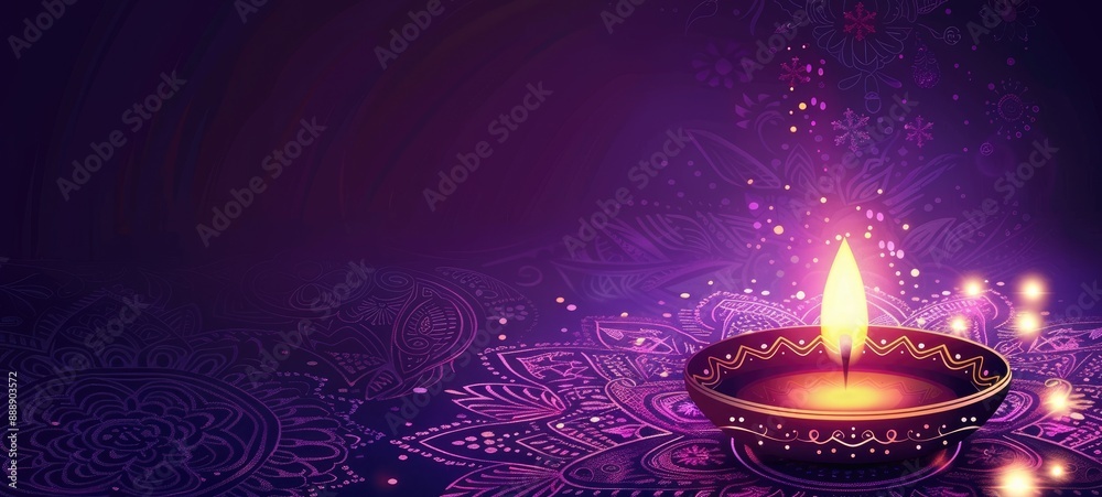 A blue background with three candles and purple flowers. Diwali background illustration