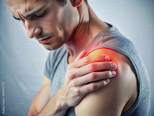 Close-up of a painful shoulder area, with a blurred background, conveying a sense of discomfort and strain, isolated on a neutral colored surface. photo