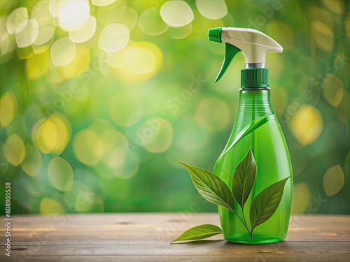 Vibrant green cleaning bottle with leaf design stands out against a lush green background, evoking a sense of eco-friendly responsibility and sustainable living solutions. photo