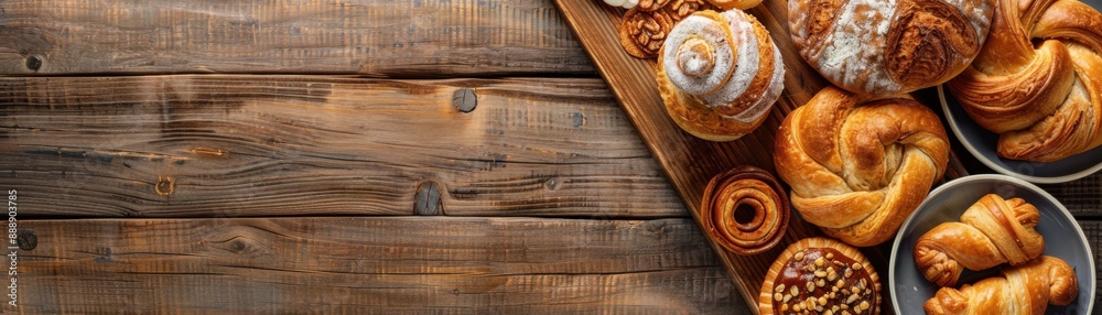 Delicious Assortment of Bread and Pastries on Rustic Wooden Table Flat Lay Delicious Assortment of Bread and Pastries on Rustic Wooden Table Flat Lay