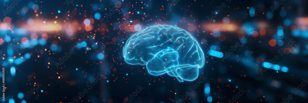 Glowing digital brain with network connections. Artificial intelligence concept background with copy space