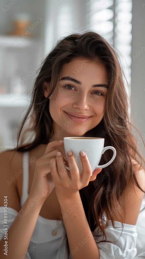 Beautiful woman holding cup of coffee in cafe Beautiful woman holding cup of coffee in cafe
