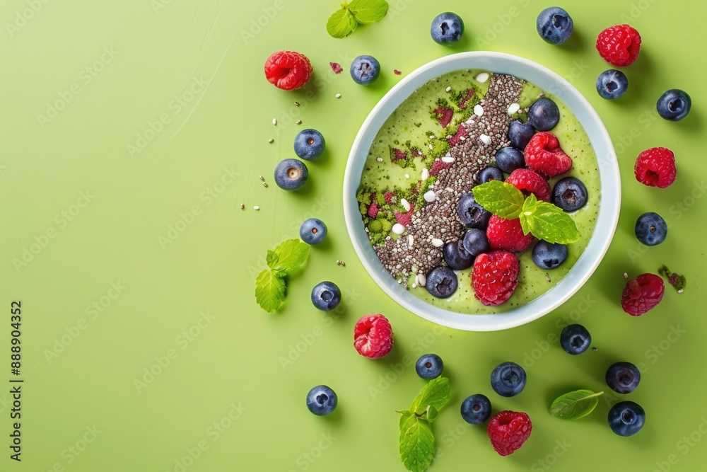 Healthy Superfood Matcha Smoothie Bowl with Berries and Chia Seeds - Perfect for Breakfast or Snack Healthy Superfood Matcha Smoothie Bowl with Berries and Chia Seeds - Perfect for Breakfast or Snack