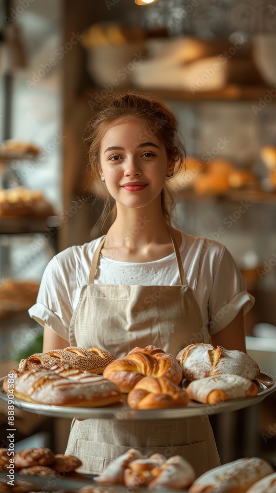 Beautiful woman holding tray of bread in bakery kitchen Beautiful woman holding tray of bread in bakery kitchen