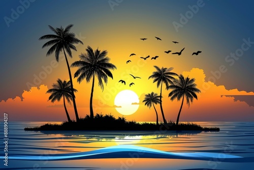Sunset over a tropical beach with palm trees and birds creating a serene and picturesque coastal scene