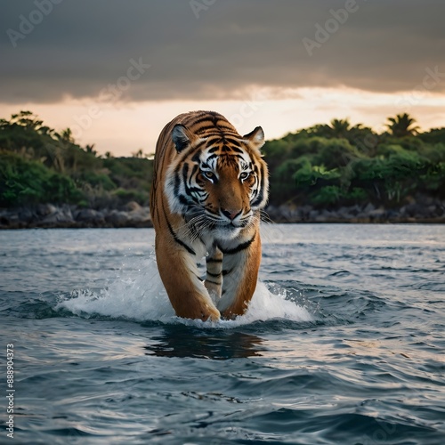 An energetic tiger in the water