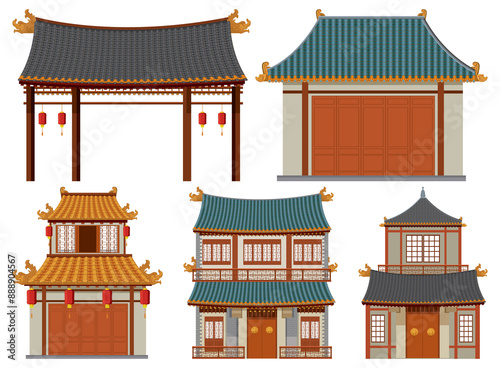 Vector art of traditional Asian architectural structures